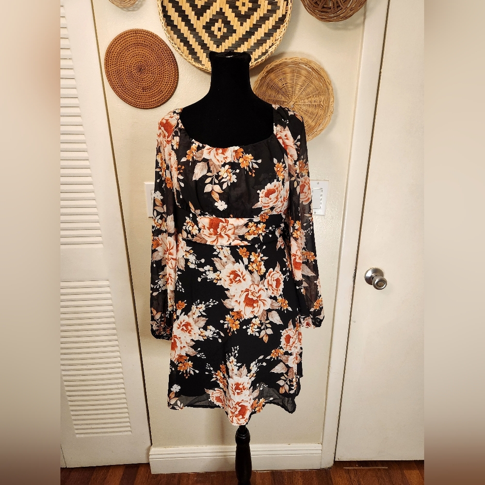 Black Floral Long Sleeve Mini Dress With Tie Back - Picture 8 of 12